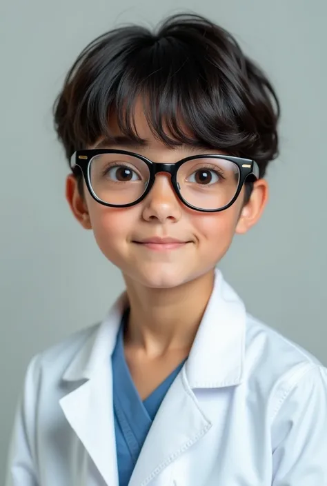 A teenage girl with glasses, Peruvian chinita fringe with doctor&#39;s coat 

