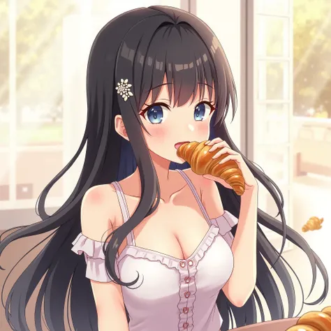 High Resolution, 1girl, Breasts, Bangs, Hair Ornament, Black Hair, Open Mouth, Long Hair, eating a croissant anime girl 