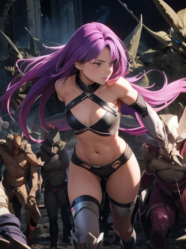 Highest quality、Captured by mutants、Surrounded by mutants、defeat、Beautiful woman with very long purple hair、White Armor（Mid-chest、Off the shoulder、Sleeveless、No elbow pads、belly button、High Leg、Exposed thighs）、White Armorのブーツ、Tears overflow、Frightened expr...