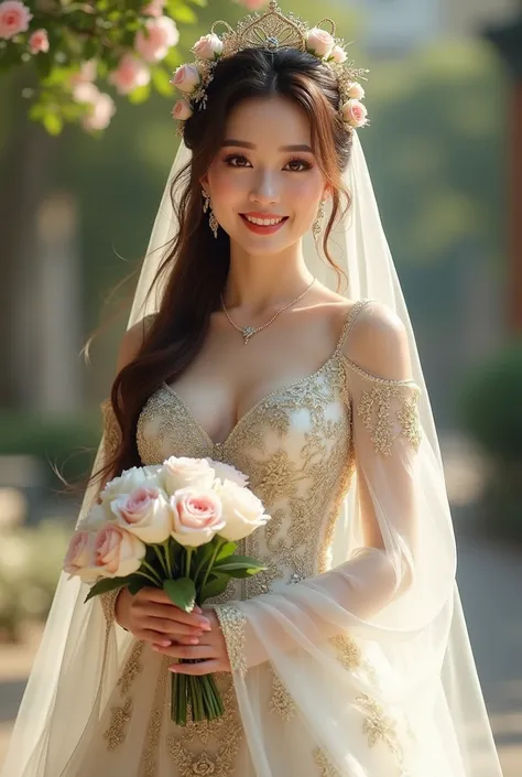 Beautiful 1 Asian bride wearing a white and gold wedding dress with a hair bonnet and long hair., brown hair, chest, chestใหญ่, decorationsผม, decorations, Long legs, Holding a white and pink rose, Stand and pose for a photo., Beautiful smile, Realistic, 