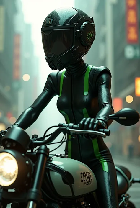 High subject: 1.85 slim With a 55-centimeter back with an elegant black and green suit and a black motorcycle helmet with green polarized lenses with a more cyberpunk design 