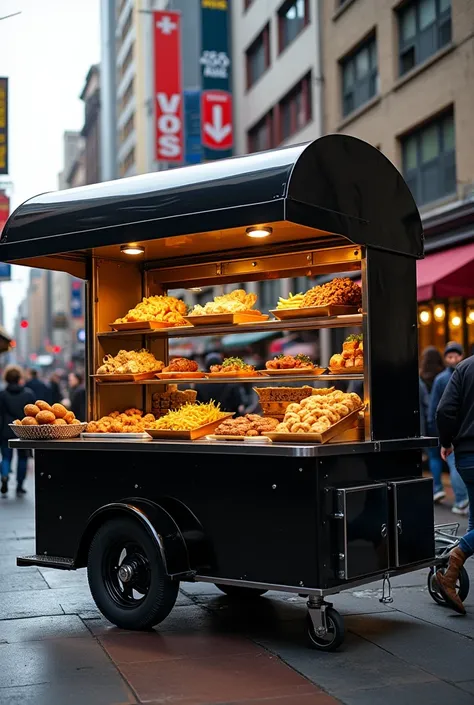 a black fast food cart selling churros, complete, french fries, pichangas, cake, cakes, Lemon Pie, etc
