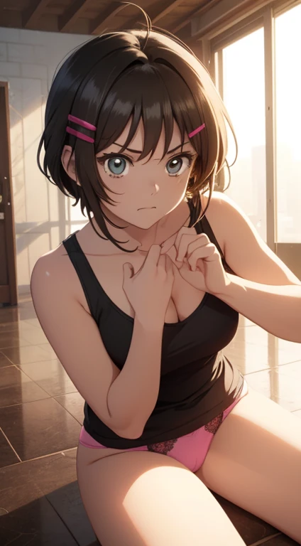  score_9, score_8_up, score_7_up, very aesthetic, source_anime, detailed, high quality, beautiful, masterpiece, detailed eyes, zdyna_posecowboy photo, close up, dynamic angle, lying on the floor, putting her hands on her chest, legs spread, looking at the ...