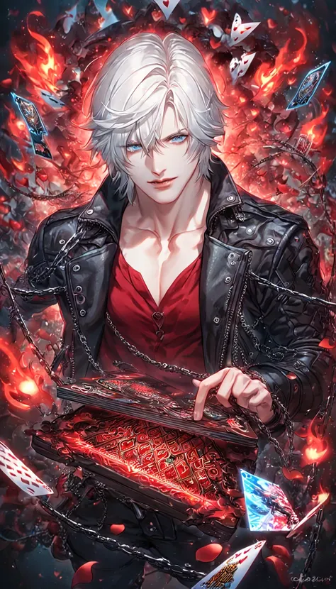 absurdres, highres, ultra detailed, HDR, master piece, Dante, white hair, expressive blue eyes, Devil May Cry, black leather jacket, black pants, sexy man, handsome, best quality, red blossoms, red petals, red flowers, fantasy, magical, red shining firefli...