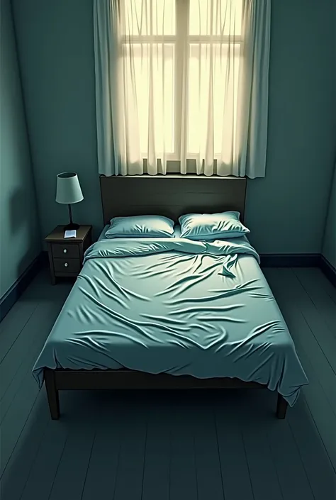 Empty bed with one side intact: A bed with one side perfectly made, while the other side is messy, with the sheets in disarray, as if someone had suddenly gotten up and left. The light of dawn enters gently through the window, but the atmosphere is cold an...