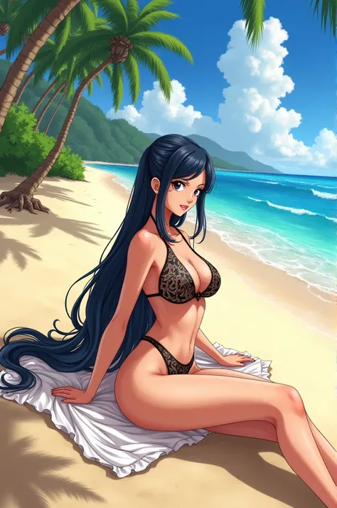 Create an image of Nico Robin in a swimsuit on a beach