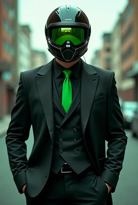 Tall man: 1.85 Back of 55 centimeters with an elegant black and green suit and a black motorcycle helmet with green polarized lenses with a more cyberpunk design. The photo must be facing forward.