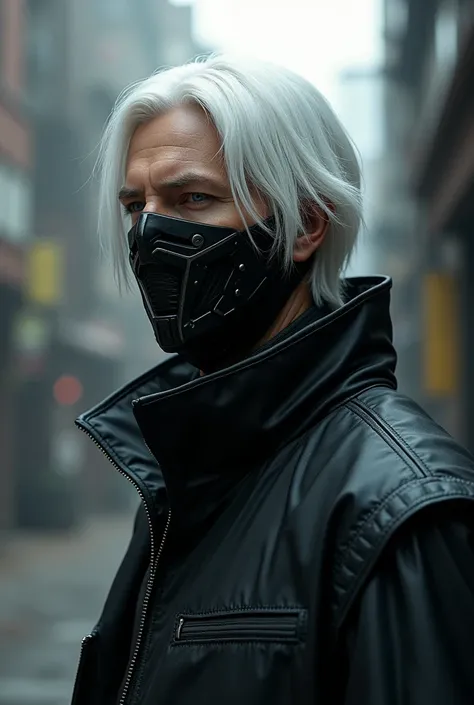 A man with medium long white hair , a technological black mask , and a jacket He has 1,98 tall