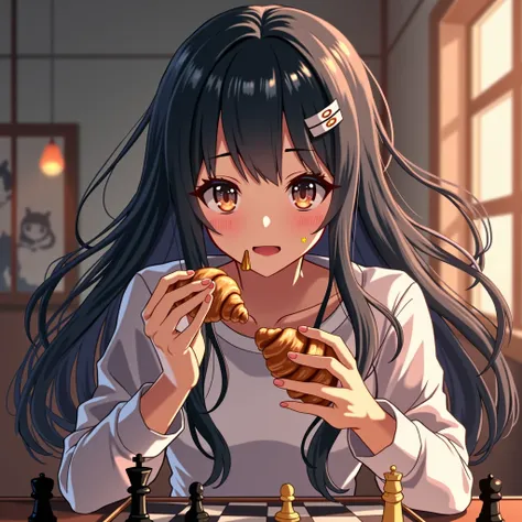 High Resolution, 1girl, Breasts, Bangs, Hair Ornament, Black Hair, Open Mouth, Long Hair, eating a croissant while playing chess, one hand holding a croissant other hand holding a chess pieceanime girl 