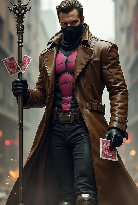 Gambit xmen brown long jacket fit metal long stick playing cards silver knee high boots pink armor vest black gloves black open balaclava