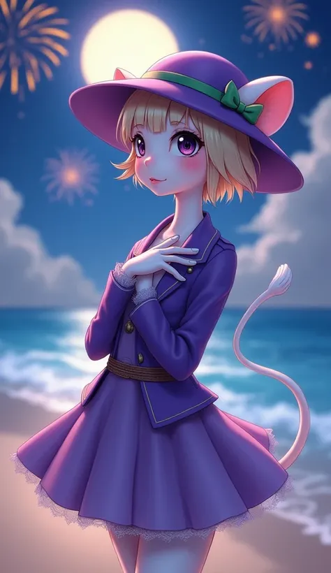 masterpiece, Highest quality, Mouse Egret, Purple hat, Hair Clip, Green ribbon, Purple Jacket, White gloves, belt, Purple Mini Skirt, Upper Body, blush, smile, View your viewers, Beach, night, moon, firework, Place your hand on your chest