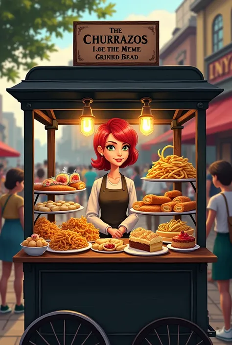 a black fast food cart selling churros, complete, French fries, pichangas, cake, cake, lime pie, etc. that people are buying from her and the owner is a 60-year-old lady with red hair but not too much, the car is closed, The car is called "the churrazos of...