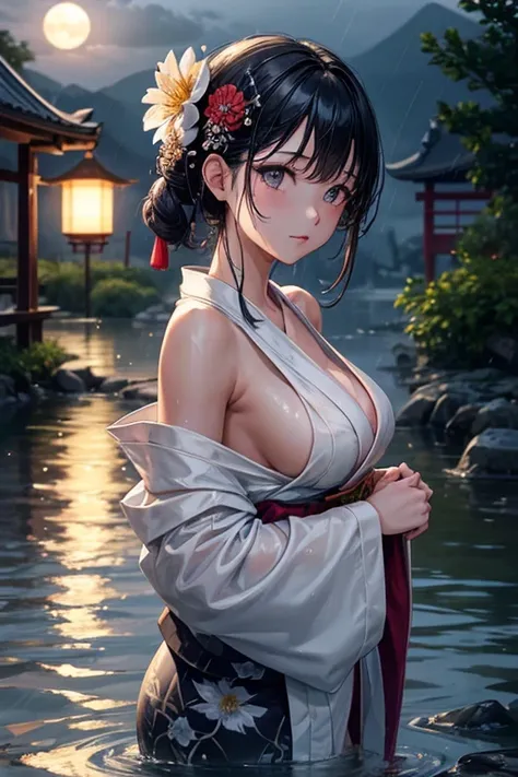 1girl, breasts, moon, lantern, night, solo, large breasts, hair ornament, wet, kimono, japanese clothes, wading, water, hair flower, flower, outdoors, sky, full moon, rain, black hair, off shoulder, mountain, cloud, holding, sash, bare shoulders, paper lan...