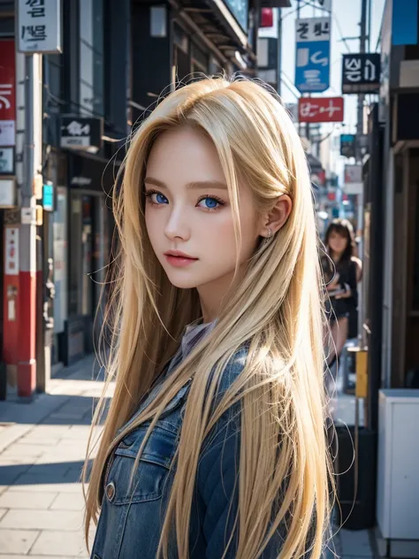 blond hair, very long hair, blue eyes, High resolution, The best quality, South Korean Asian, beautiful, with rock clothes, in the city 