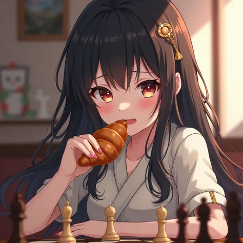 High Resolution, 1girl, Breasts, Bangs, Hair Ornament, Black Hair, Open Mouth, Long Hair, eating a croissant while playing chess, one hand holding a croissant other hand holding a chess pieceanime girl 