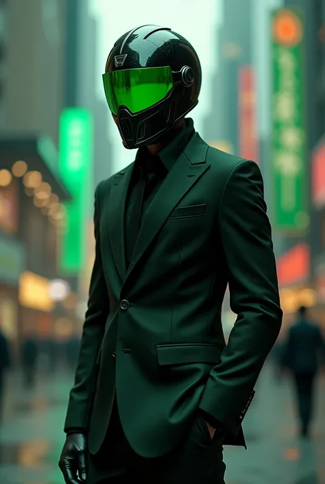 Tall man: 1.85 with an elegant black and green suit and a black motorcycle helmet with green polarized lenses with a more cyberpunk design