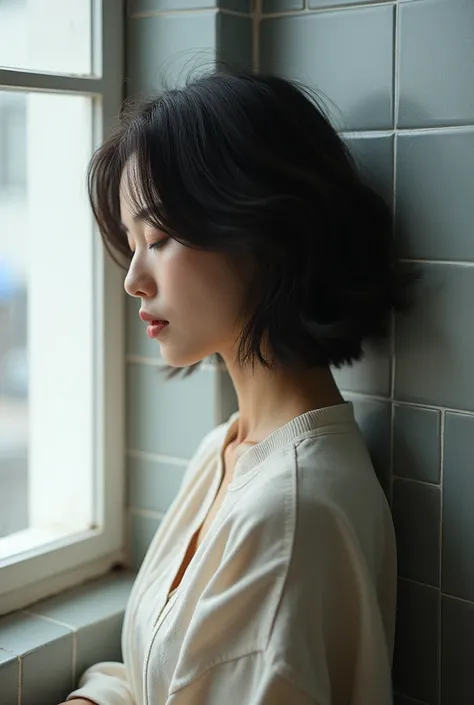 Photographed in natural light、A Japanese woman in her 40s wearing autumn clothes、The background is a gray tile wall、Close your eyes and look down、profile、Layered cut、Bob Hair、Very delicate hair、(In a room with white walls and windows)、((Highest quality、8k、...