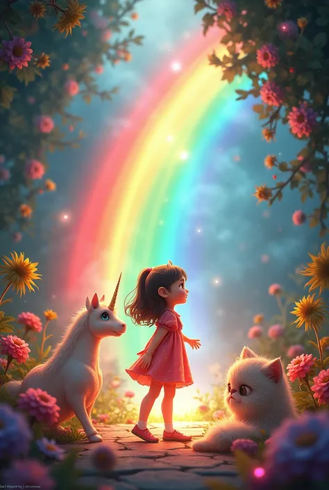 The girl is opening a colored movie and a rainbow comes out.,unicorn,cat,stationery,There are flowers all around.