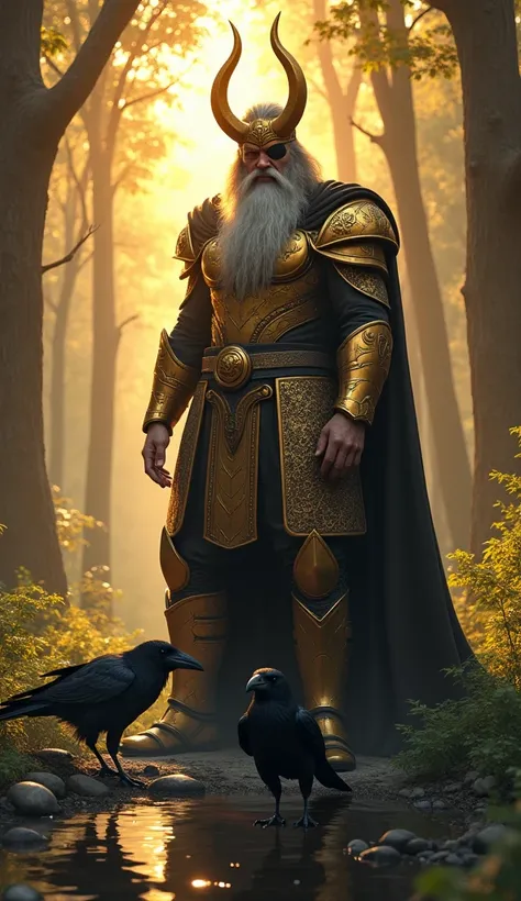 scene with Odin the king of the Norse gods. Odin must be in the middle of a forest with golden trees. Odin must be wearing golden Nordic armor. Odin must be wearing a helmet with golden horns. Odin has to have a black eye patch on one of his eyes. Odin mus...