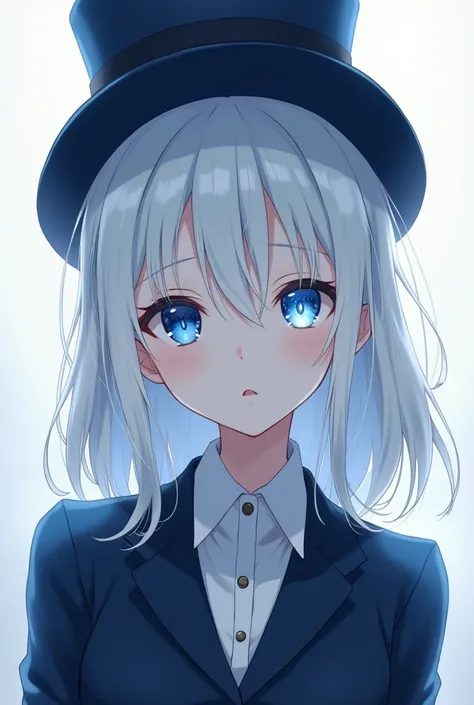 Pale anime girl with blue eyes, one light and one dark, with white hair and small dark blue streaks, who wears a navy blue suit and a top hat of the same color