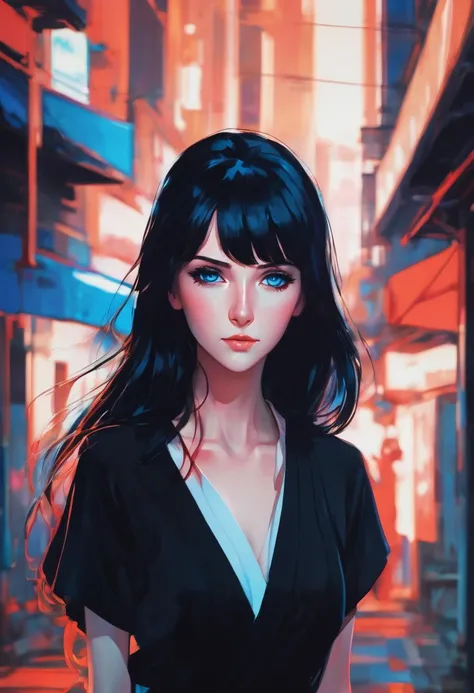 A woman with long black hair and blue eyes wearing a black blouse, Guweiz style artwork, animated style. 8k, 🤤 digital art portrait of a woman Ilia Kuvshinov, anime vibes, Ilia Kuvshinov. 4k, Ilia Kuvshinov with long hair, digital anime illustration, 8k hi...