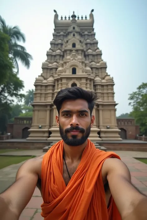 30 years boy in guruji  cloth in taking a selfie background in sigandur chowdeshwari temple here are medium bed face come full natural 