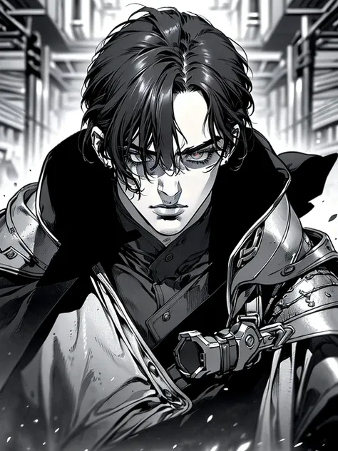 boichi manga style,  adult((man)) 1 person, black & white, gray scale, pointing gun, elegant uniform,black knight armor,black kn...