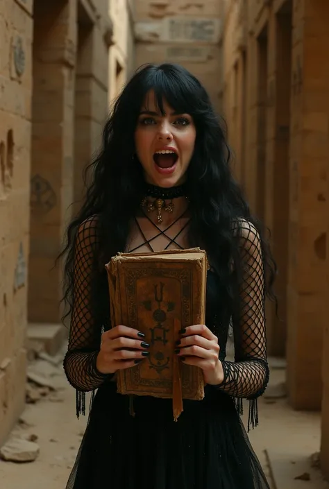 Portrait photo if a sexy Egyptian emo teen girl dressed in all black fishnet screaming  inside a pyramid  holding a ancient book in her hands that is crumbling to dust