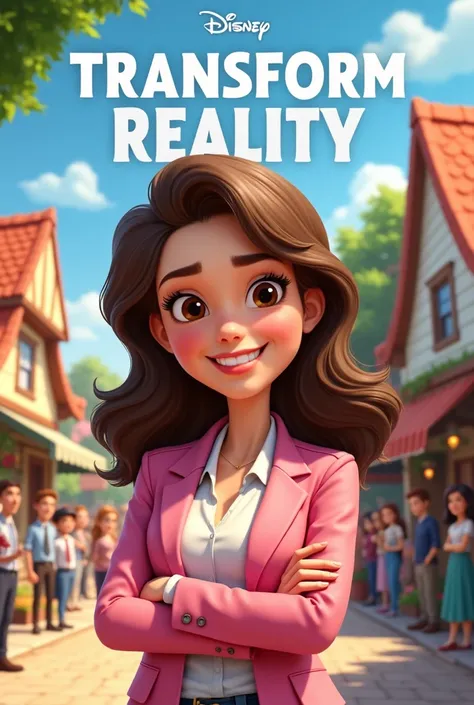 Disney Pixar style image of a 30 year old woman with slightly wavy brown hair, skin fair, wearing a pink blazer with a pink shirt The background has to be of a country town with happy citizens and in the background written, Transform reality, vote for Prof...