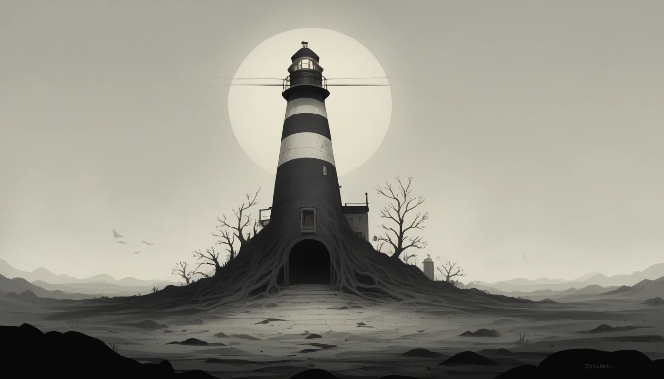 A YouTube banner for "Voces del Umbral" depicting a desolate, barren valley shrouded in darkness. In the center of the composition, a solitary lighthouse stands tall, its beam of light piercing through the thick fog and shadows, illuminating the path for l...