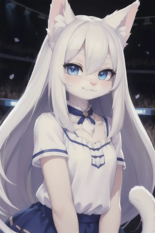 (Empty), ((masterpiece)) , ((best quality)), illustration, hairy, 
Cat, Animal ears, Tail, bodyfur, 1 Girl, Throw, Upper Body, 1 Girl, Solitary, Long hair, White hair, *//*, blue eyes, *//*, White shirt, Looking at the audience, Smile,