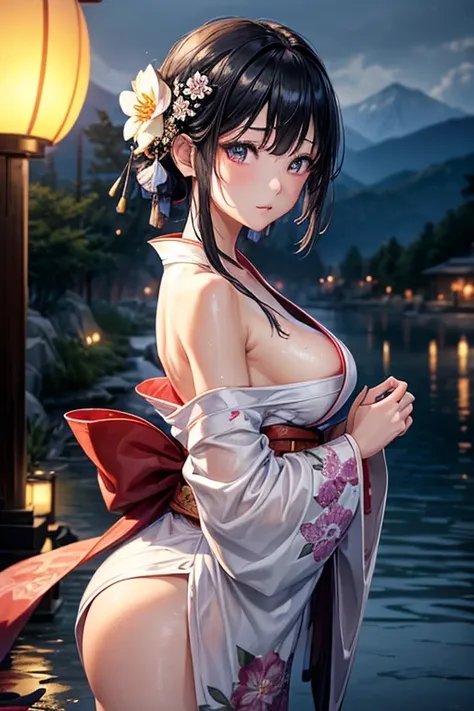 1 girl、chest、moon、Lantern、night、solo、Big Breasts、hair ornaments、Wet、kimono、kimono、water遊び、water、髪のflower、flower、Outdoor、null、満moon、rain、Black Hair、Off the shoulder、Mountain、cloud、hug、band、Bare shoulders、Lantern、Are standing、白いkimono、nightnull、Sideboob、band...