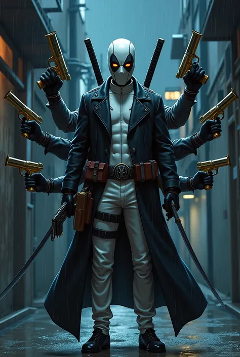 A man is wearing a Deadpool outfit, but it has the colors of Anti-Venom, that is, white and black. He has a black coat and several hands are coming out of the coat that are holding weapons. He wears a utility belt with two golden pistols and behind him on ...