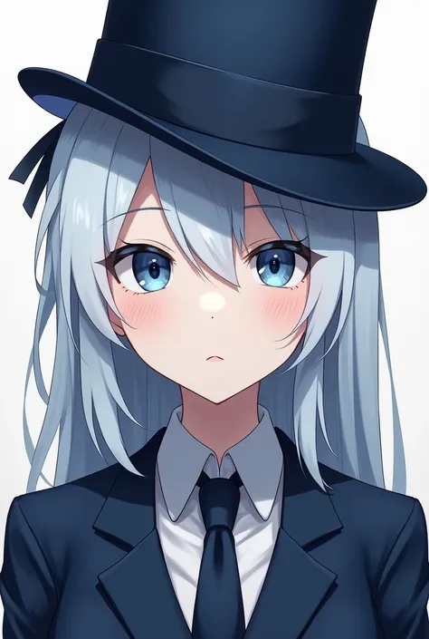 Pale anime girl with blue eyes and heterochromia, one light eye and one dark eye, with white hair and small dark blue streaks, who wears a navy blue suit and a small top hat of the same color, fallen to the side of his head 