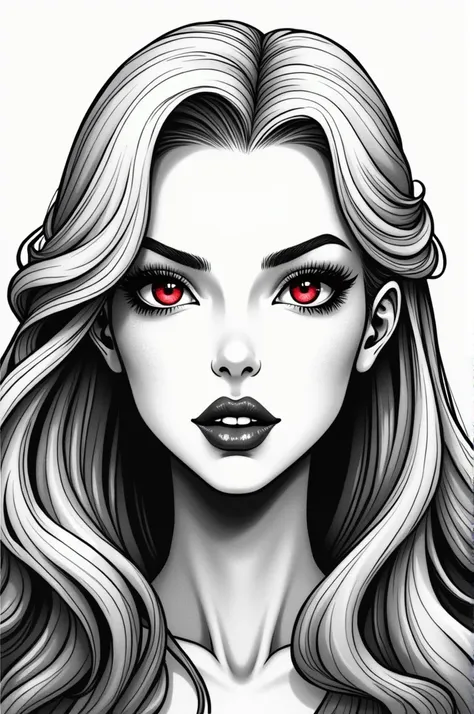 Black and white portrait of a princess with long blonde hair and red eyes like a comic book, double eyelids, light eyebrows and a high nose, thin lips with lip gloss, a beautiful v-line face