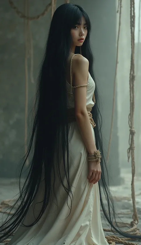 Japanese girl, (very longhair girl), (floor length hair), (super longhair), longhair till floor, floor full with longhair,((BDSM))、((Hung by a rope:1.3))、((Tied Up by rope:1.3)), (rope Bondage:1.3) ,(woman&#39;Hands tied:1.3), , Looking back over shoulder,...