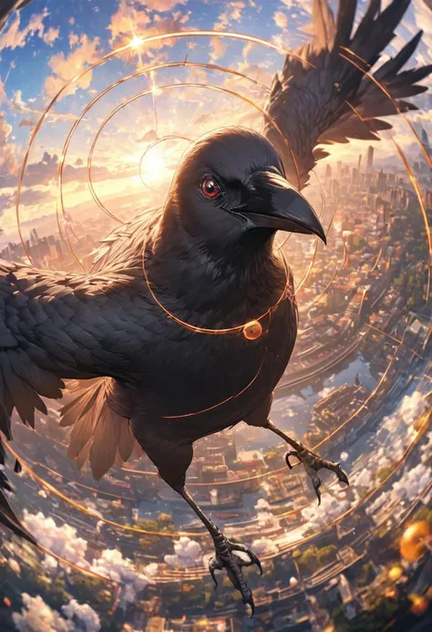 Crow, masterpiece, Highest quality, Very detailed, Full HD, 16K, Absurd, Dynamic Angle, Huge scale, Golden Ratio, Lens flare, Pinhole camera, Fisheye Lens, Blurry background in focus