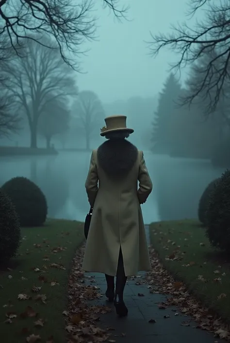 A cinematic medium shot of Queen Elizabeth II walking in a gloomy, foggy garden at night. She is wearing a beige coat with a fur collar and a matching hat. The ground is covered with fallen leaves. The garden has a dark, ominous atmosphere. There is a calm...