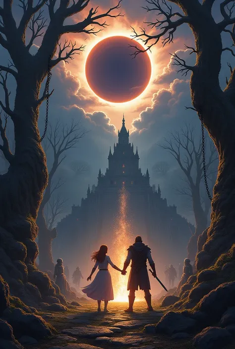 Cover Art Description:

bottom: An epic landscape that combines several crucial elements of the story. The sky is dominated by a total solar eclipse, with a faint ring of light around the moon, symbolizing the constant influence of shadows on the world. Th...