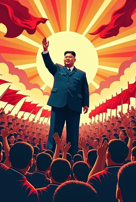 Kim Jong-un in a retro propaganda poster style, standing triumphantly with sun rays behind him, surrounded by cheering citizens holding red flags. Bold colors, graphic art style.