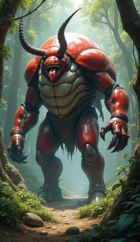 A huge and amazing ladybug resembling a muscular buffalo standing near a forest.     It has red and white and vibrant skin, broad limbs, a long tongue and an open mouth showing sharp teeth.     The background is a tree, enhancing the energetic view.