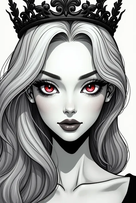 Black and white portrait of a princess with long blonde hair and red eyes like a comic book, double eyelids, light eyebrows and a high nose, thin lips with lip gloss, a beautiful v-line face,Crown and thin lips