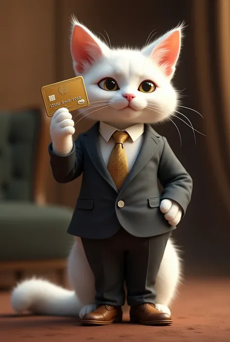 White cat in elegant suit with credit card