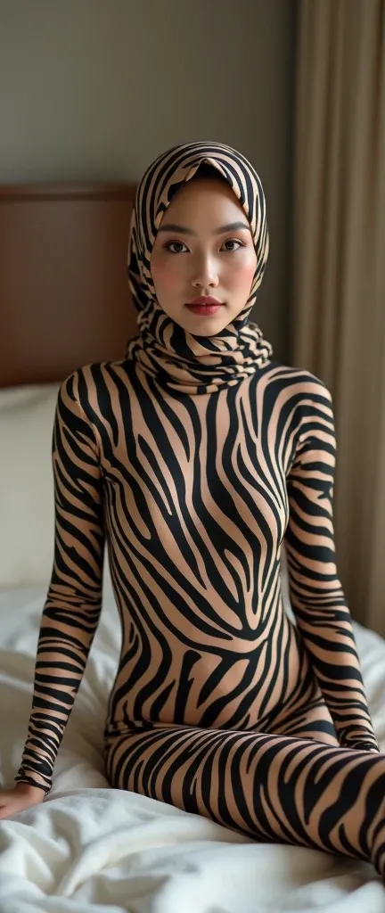 The most beautiful,thin,most pretty and clever Asian Malaysian muslimah adult girl wears zebra print lycra turtleneck unitard catsuit covered with many stripes.She always wear zebra print lycra dancewear stretchy square hijab covered with many stripes.She ...