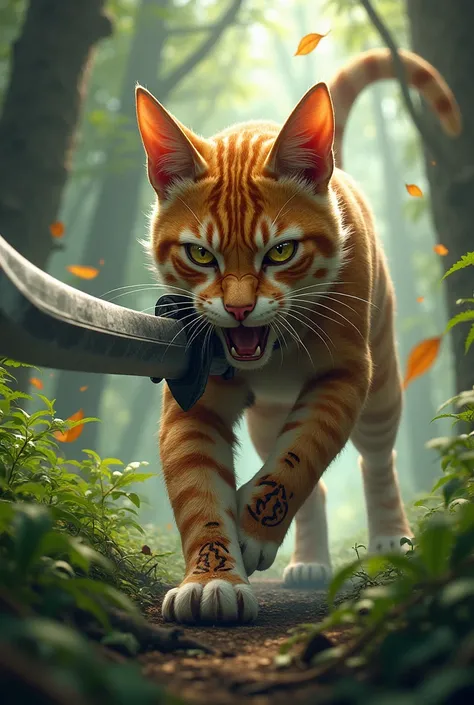 Cat in forest with warrior sword