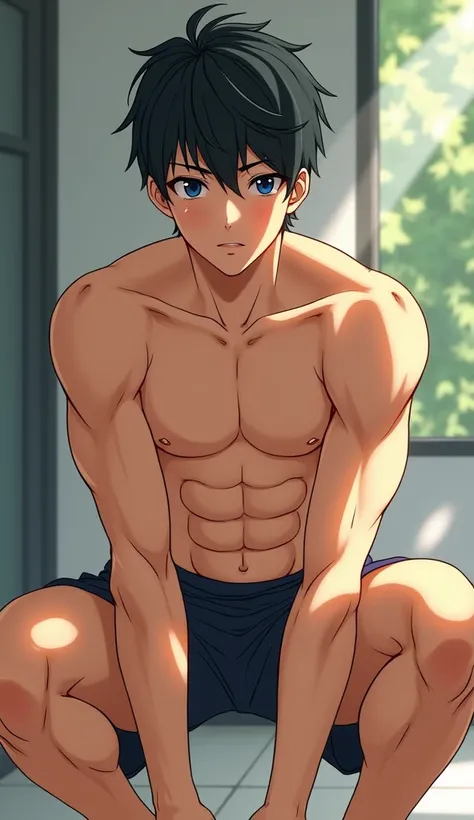 A beautiful 1 Japanese boy、Doing squats、Upper body naked、Six Pack、Thick thighs、Natural nipples、Sweating、Big eyes、Long eyelashes、pronounced nose、clear mouth、Glowing Skin、anime