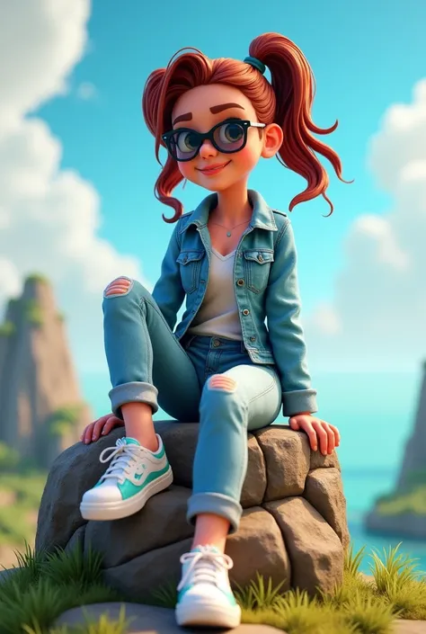 Create a 3d illustration of an animated Character sitting casually on top of the rock her name is Jade Hyren media lthe character must wear casual modern clothing such as jeans jacket and sneakers shoes and shades