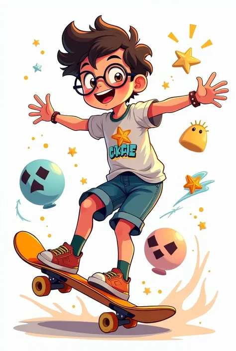 make an image of a skateboarder boy, around , almost black brown, who wears glasses, very short and curly hair, with elements of electronic games, with happy elements, with a white background