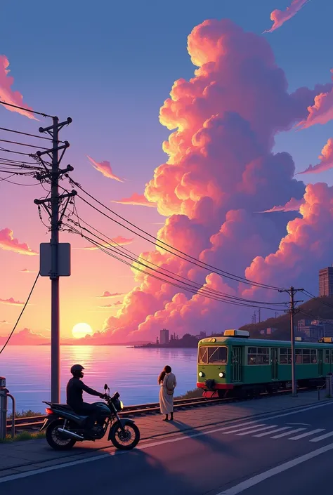 A tranquil coastal dusk scene，The sky is bright pink、Purple and orange layered smears，Showing a stunning sunset。The horizon seamlessly connects to the calm sea water，The sea reflects the magnificent colors of the clouds。A train runs along a track parallel ...