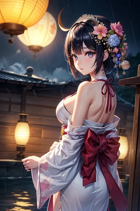 1 girl、chest、moon、Lantern、night、solo、Big Breasts、hair ornaments、Wet、kimono、kimono、water遊び、water、髪のflower、flower、Outdoor、null、満moon、rain、Black Hair、Off the shoulder、Mountain、cloud、hug、band、Bare shoulders、Lantern、Are standing、白いkimono、nightnull、Sideboob、band...